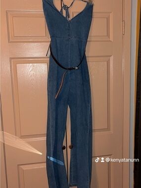 Fashion Nova Blue Denim Daydream Halter Jumpsuit